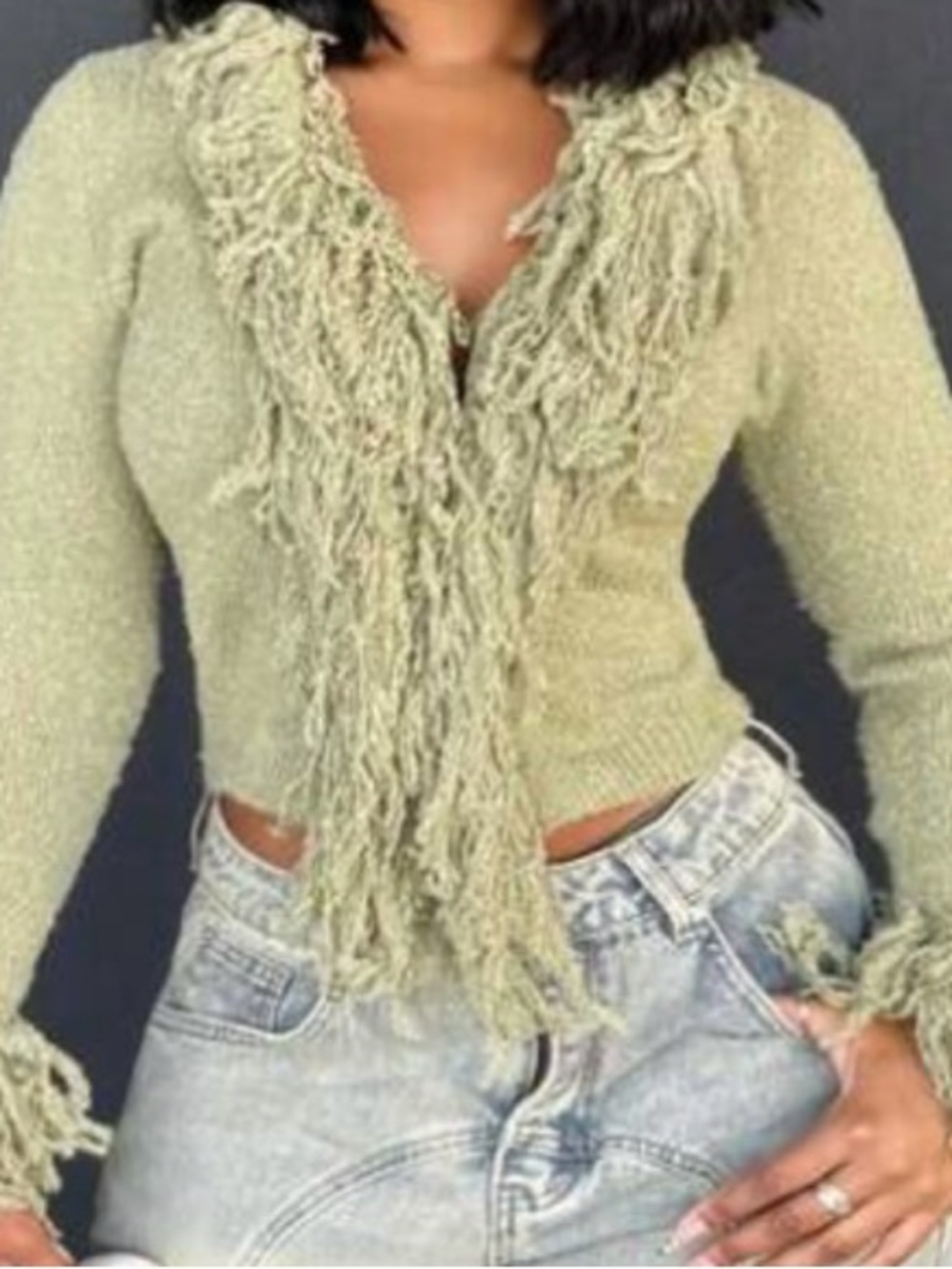 Textured Fringe Knit Cardigan in Sage Green - Picture 3 of 3